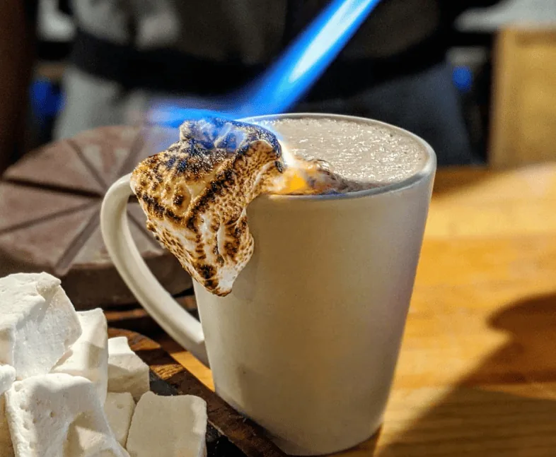 Hot coffee with a toasted marshmallow